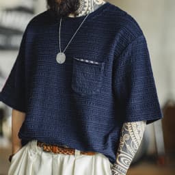Maden Retro Knitted Jacquard Navy Blue T-shirt with Wavy Texture Loose Short-sleeved Round Neck Tee for Men's Summer Tops
