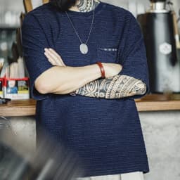 Maden Retro Knitted Jacquard Navy Blue T-shirt with Wavy Texture Loose Short-sleeved Round Neck Tee for Men's Summer Tops