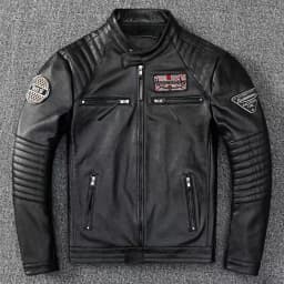 Genuine Cowhide Leather Biker Jacket Men's Slim Fit Short Motorcycle Coat Embroidery