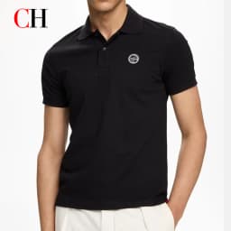 CH Circular Rubber Patch Left Chest Premium Pique Short Sleeve Polo Shirt Men Classic Fit Breathable Office Daily Tops