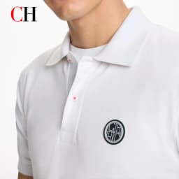 CH Circular Rubber Patch Left Chest Premium Pique Short Sleeve Polo Shirt Men Classic Fit Breathable Office Daily Tops