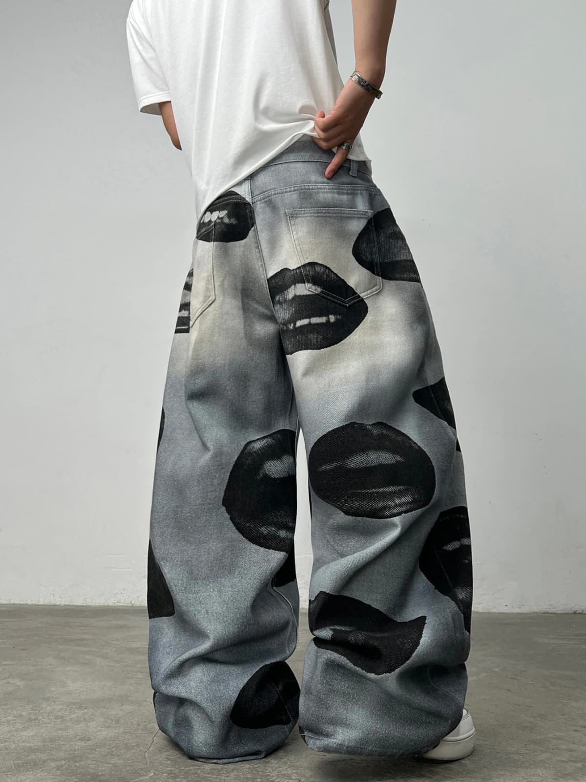 American High Street Lip Print Design Men's Loose Wide-Leg Jeans Y2K Street Hip-Hop Gothic Skateboard Style Trendy Fashion Pants