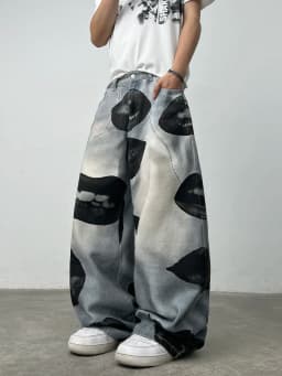American High Street Lip Print Design Men's Loose Wide-Leg Jeans Y2K Street Hip-Hop Gothic Skateboard Style Trendy Fashion Pants