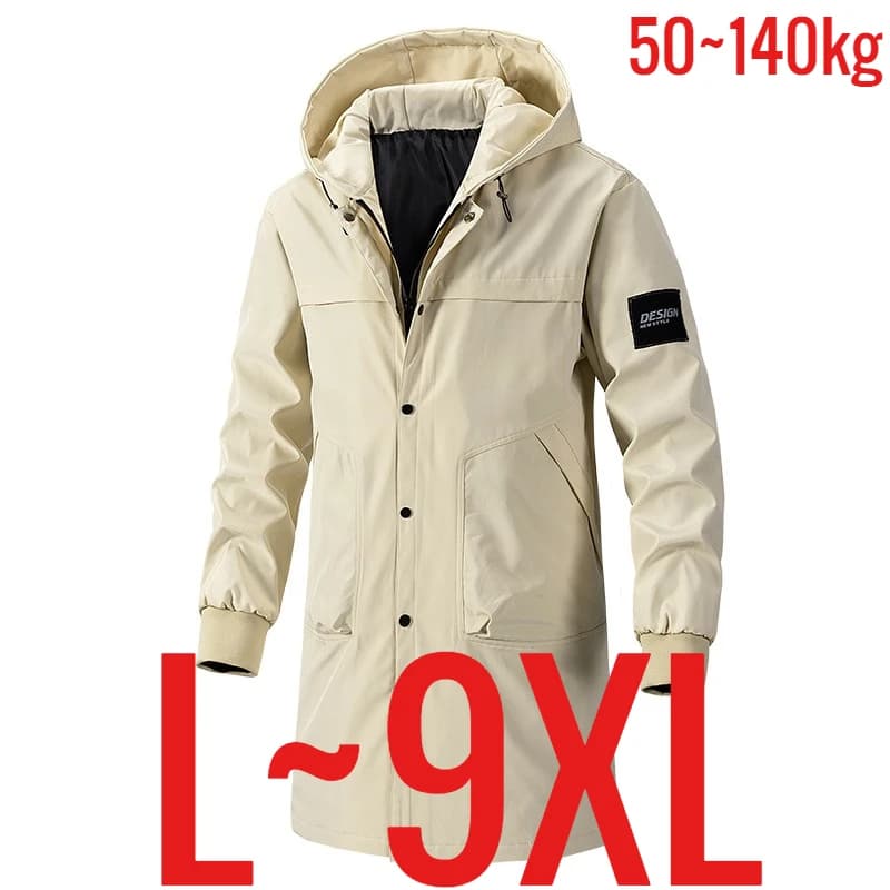 Big Size 9XL Men's Long Trench Coat Hood Fleece Thick Windbreaker Male Autumn Winter Lightweight Plus Large Oversize Hat Zipper
