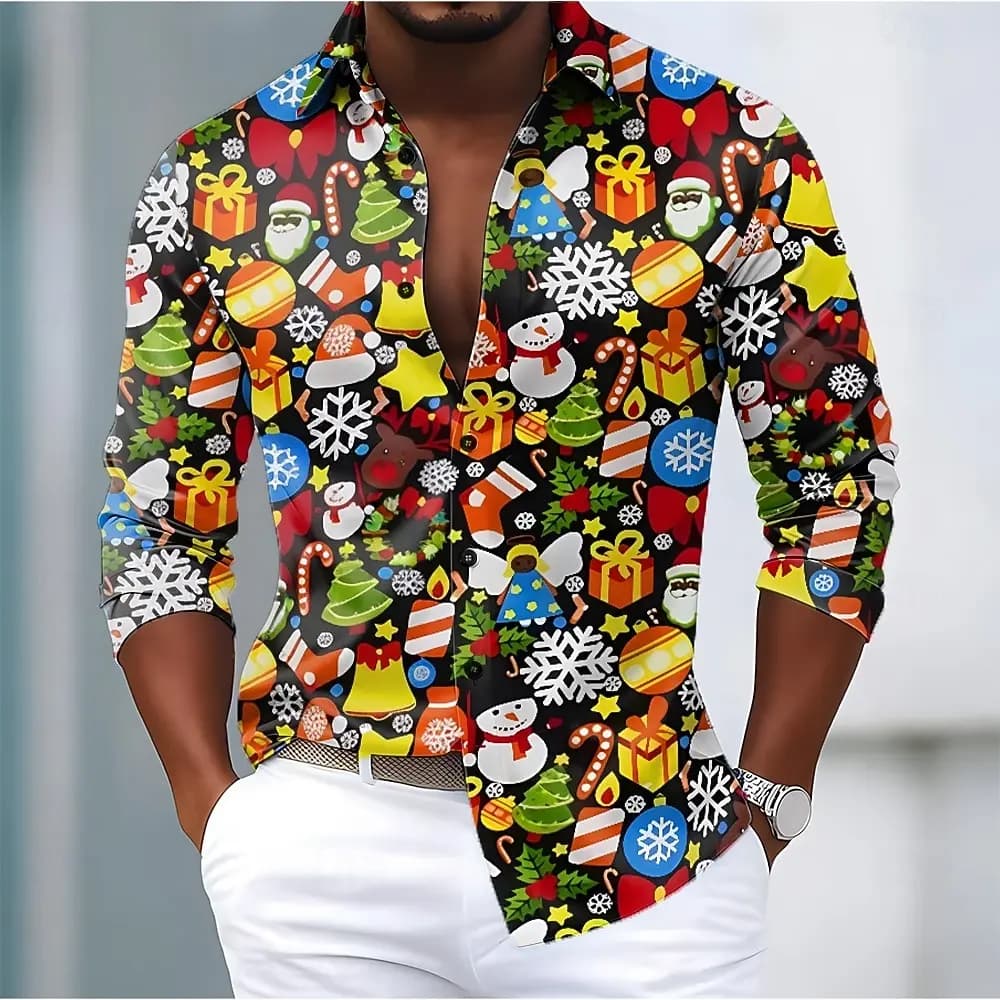 Christmas Men's Snowman Snowflake funny christmas Shirt Button Up Shirt Long Sleeve Funny Outdoor Holiday Spring Fall Turndown