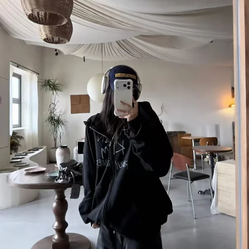 Matin Kim Graffiti Print Zip Hoodie Drop Shoulder Korean Streetwear Oversize