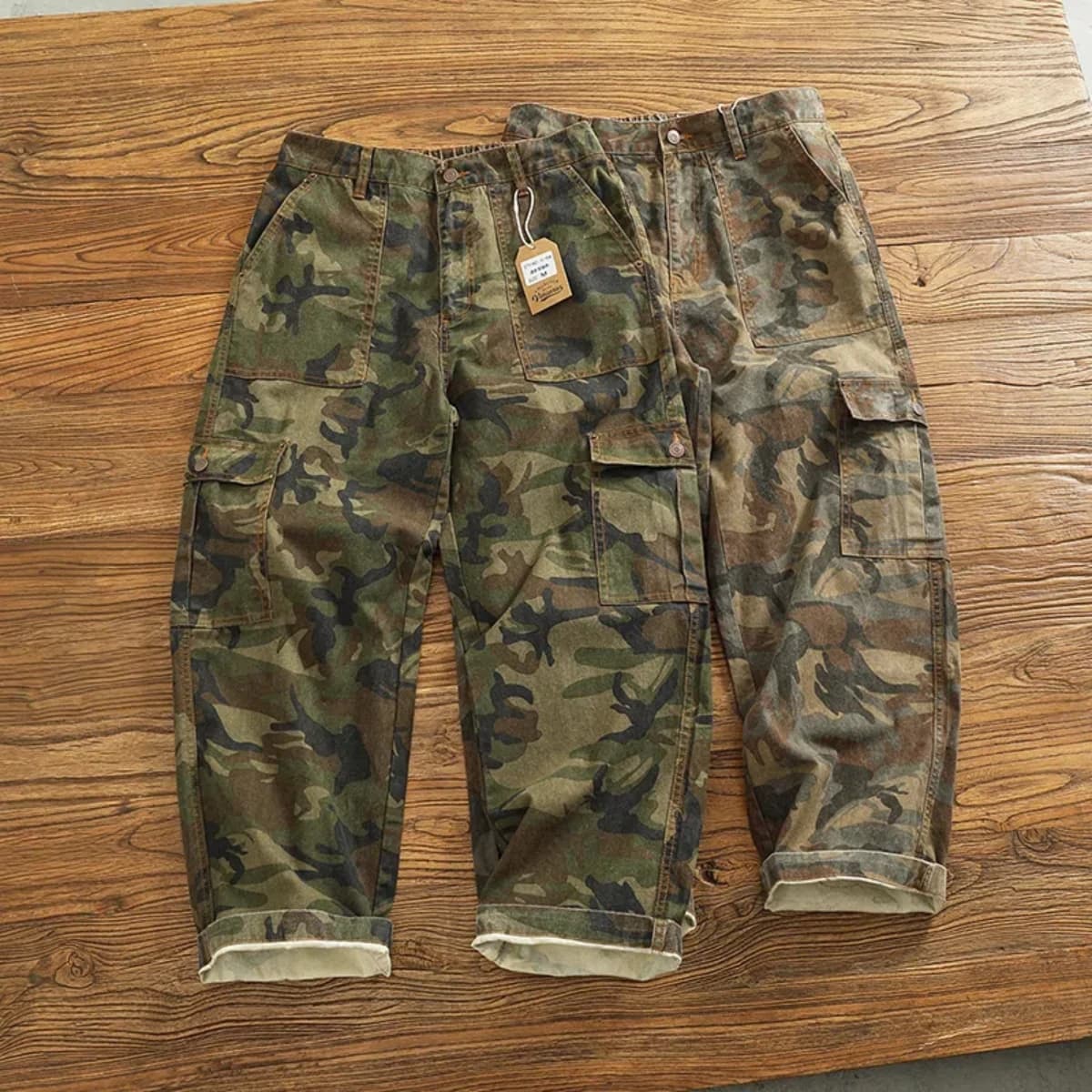 Cargo casual pants men's Japanese style outdoor multi-pocket loose retro elastic waist profile straight drum camouflage pants