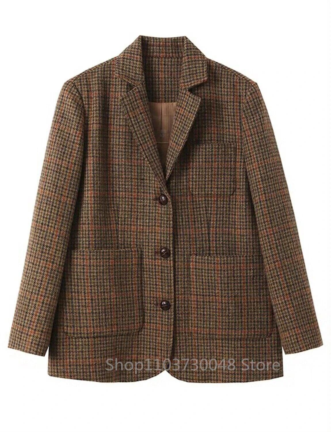 (Only Coat) Men's Suit Brown Plaid Woolen Blazer Prom Party Tuxedos Coat Single Breasted Three Buttons Bussiness/Wedding Jacket