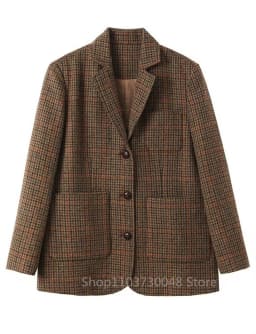 (Only Coat) Men's Suit Brown Plaid Woolen Blazer Prom Party Tuxedos Coat Single Breasted Three Buttons Bussiness/Wedding Jacket