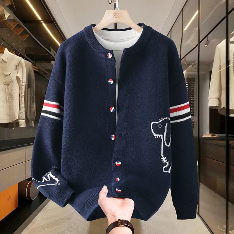 New Autumn Winter Men's Sweater Jacket, Single Breasted Knitted Pattern Embroidered Cardigan, British Fashionable Men's Clothing