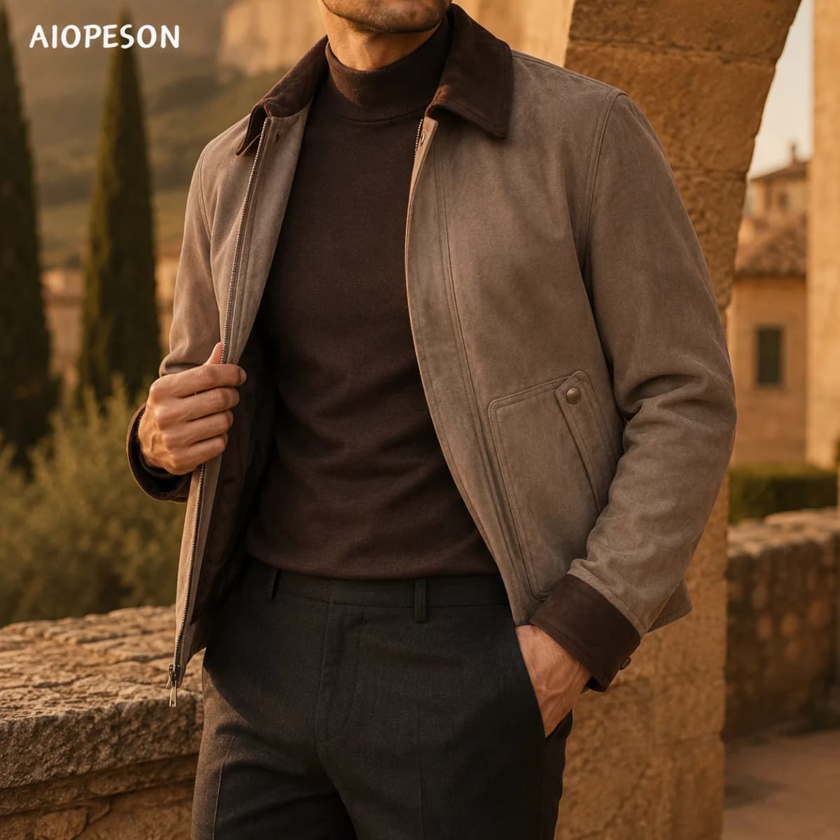 AIOPESON Men Vintage Business Jacket Faux Suede Zip Up Lapel Collar Pockets Ribbed Cuffs Color Block Slim Fit Spring Autumn Coat