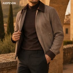 AIOPESON Men Vintage Business Jacket Faux Suede Zip Up Lapel Collar Pockets Ribbed Cuffs Color Block Slim Fit Spring Autumn Coat