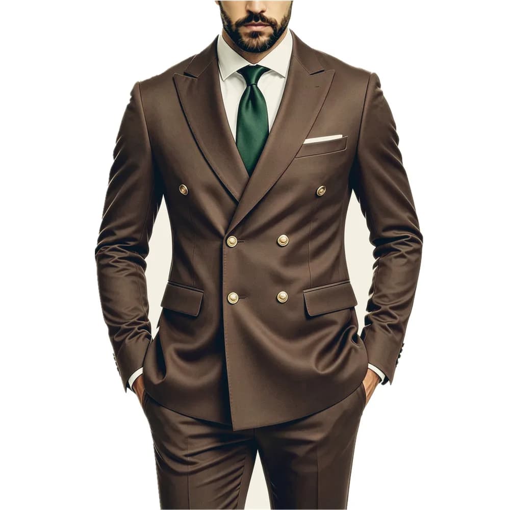 Men's Peak Lapel Double Breasted Golden Button Flap Pocket Business Commute Suit Men Trending Luxury Formal Slim Fit Groom Suit