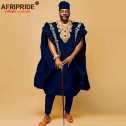 African Men`s Clothing Embroidery Agbada Shirts Pants and Hats 4 Piece Set Traditional Garments for Wedding Evening A2216066