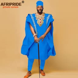 African Men`s Clothing Embroidery Agbada Shirts Pants and Hats 4 Piece Set Traditional Garments for Wedding Evening A2216066