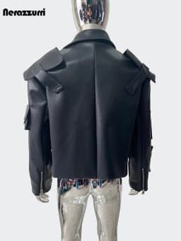 Nerazzurri Spring Autumn Cool Handsome Emo Hard Short Black Pu Leather Jacket Blazer Men with Three-dimensional Pockets Zipper
