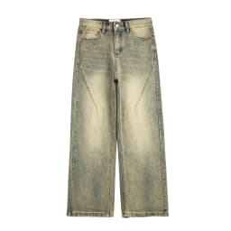 Vintage Oversized Split Deconstructed Men Wide Jeans Baggy Yellow Mud Dyed Washed Denim Jeans Cat Whisker Straight Denim Pant