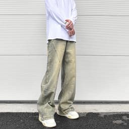 Vintage Oversized Split Deconstructed Men Wide Jeans Baggy Yellow Mud Dyed Washed Denim Jeans Cat Whisker Straight Denim Pant