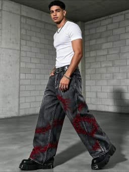 European and American style heavy industry thorn red embroidered jeans men's washed black personalized street trousers