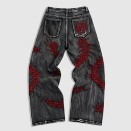 European and American style heavy industry thorn red embroidered jeans men's washed black personalized street trousers