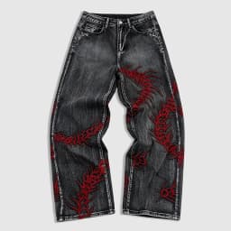 European and American style heavy industry thorn red embroidered jeans men's washed black personalized street trousers