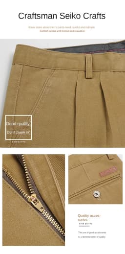 High Waist Double Pleated Casual Mens Pants 100% Cotton Black Khaki Yellow Clothing Straight Loose Work Trousers Men 40 42