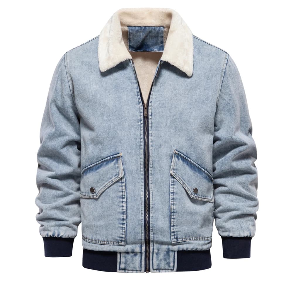 AIOPESON Autumn Winter Fur Collar Jacket for Men Warm Thicken Fleece Men's Jeans Jacket and Coat Casual Fashion Denim Jacket Men