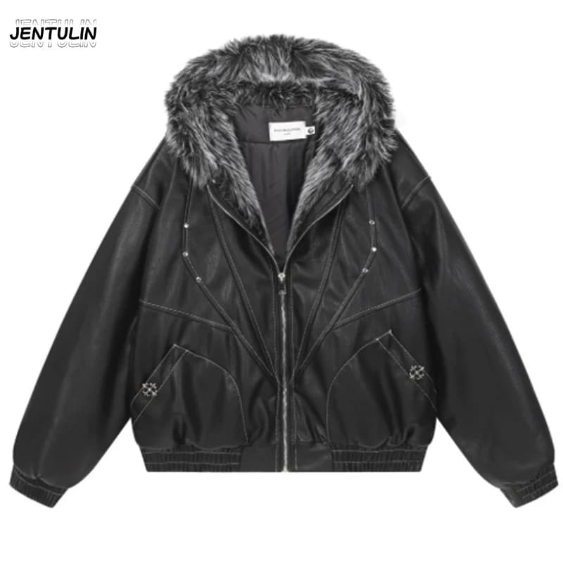 Male Jacket Padded Jackets Zipper Hooded Faux Fur PU Leather Thick Pockets Stylish Cotton Coats Y2K Winter Men Clothng Keep Warm