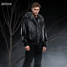 Male Jacket Padded Jackets Zipper Hooded Faux Fur PU Leather Thick Pockets Stylish Cotton Coats Y2K Winter Men Clothng Keep Warm