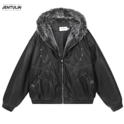 Male Jacket Padded Jackets Zipper Hooded Faux Fur PU Leather Thick Pockets Stylish Cotton Coats Y2K Winter Men Clothng Keep Warm