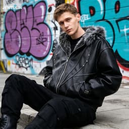 Male Jacket Padded Jackets Zipper Hooded Faux Fur PU Leather Thick Pockets Stylish Cotton Coats Y2K Winter Men Clothng Keep Warm