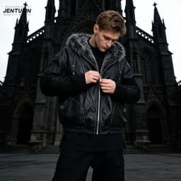 Male Jacket Padded Jackets Zipper Hooded Faux Fur PU Leather Thick Pockets Stylish Cotton Coats Y2K Winter Men Clothng Keep Warm
