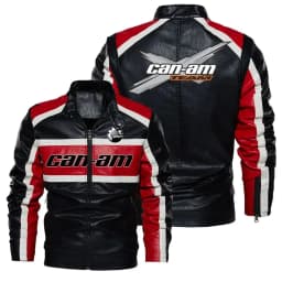 New can-am Contrast PU Leather Jacket Men's Autumn Winter Men High Quality Coat Motorcycle Style Casual Jackets Black Warm