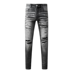 Fashionable New Men's Retro Blue Jeans With Pleated Elastic Perforated Blue Leather Patch Tight Tapered Pants Y2K