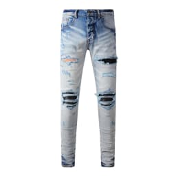 Fashionable New Men's Retro Blue Jeans With Pleated Elastic Perforated Blue Leather Patch Tight Tapered Pants Y2K