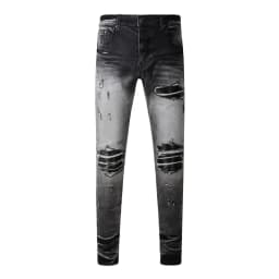 Fashionable New Men's Retro Blue Jeans With Pleated Elastic Perforated Blue Leather Patch Tight Tapered Pants Y2K