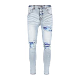 Fashionable New Men's Retro Blue Jeans With Pleated Elastic Perforated Blue Leather Patch Tight Tapered Pants Y2K