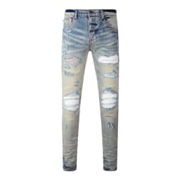 Fashionable New Men's Retro Blue Jeans With Pleated Elastic Perforated Blue Leather Patch Tight Tapered Pants Y2K