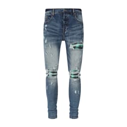 Fashionable New Men's Retro Blue Jeans With Pleated Elastic Perforated Blue Leather Patch Tight Tapered Pants Y2K