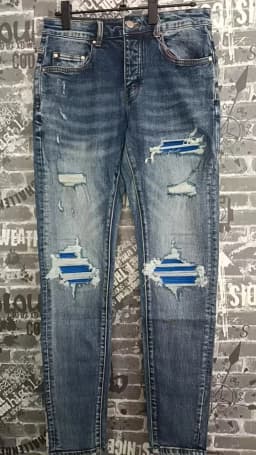 Fashionable New Men's Retro Blue Jeans With Pleated Elastic Perforated Blue Leather Patch Tight Tapered Pants Y2K