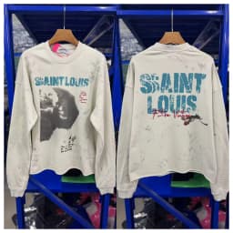 Mens Vintage Distressed Sweatshirt Saint Boxy Raw Cropped Hem Sleeve Sketch Print Top