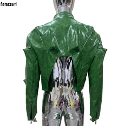 Nerazzurri Autumn Short Shiny Bright Green Deconstruction Pu Leather Jacket Men Luxury Designer Punk Style Menswear Streetwear