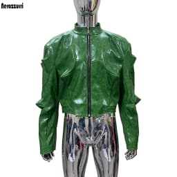Nerazzurri Autumn Short Shiny Bright Green Deconstruction Pu Leather Jacket Men Luxury Designer Punk Style Menswear Streetwear