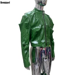 Nerazzurri Autumn Short Shiny Bright Green Deconstruction Pu Leather Jacket Men Luxury Designer Punk Style Menswear Streetwear