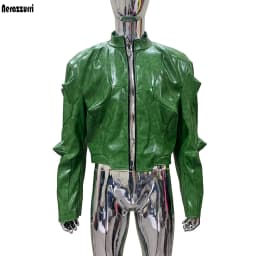 Nerazzurri Autumn Short Shiny Bright Green Deconstruction Pu Leather Jacket Men Luxury Designer Punk Style Menswear Streetwear
