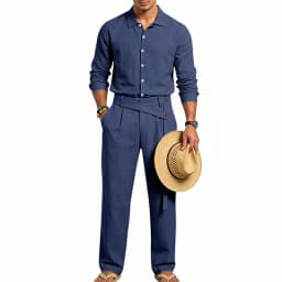 Spring Autumn Linen Men's Casual Set Amazon Loose Lapel Long Sleeve Shirt & Long Pants 2 Piece Set Wholesale