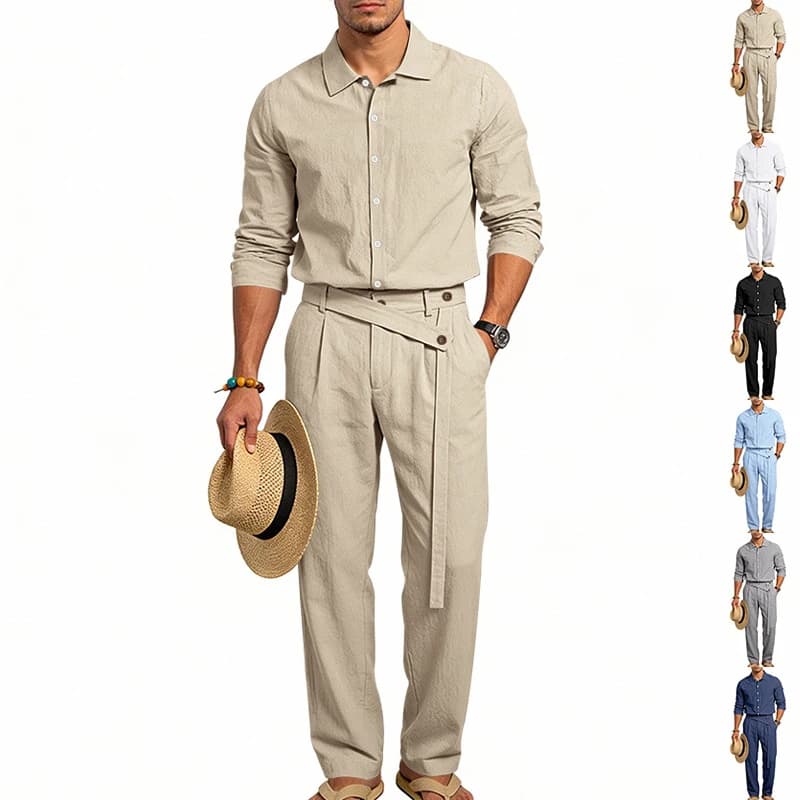 Spring Autumn Linen Men's Casual Set Amazon Loose Lapel Long Sleeve Shirt & Long Pants 2 Piece Set Wholesale