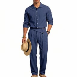 Spring Autumn Linen Men's Casual Set Amazon Loose Lapel Long Sleeve Shirt & Long Pants 2 Piece Set Wholesale