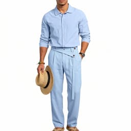 Spring Autumn Linen Men's Casual Set Amazon Loose Lapel Long Sleeve Shirt & Long Pants 2 Piece Set Wholesale