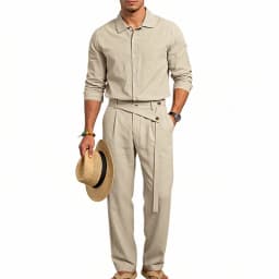 Spring Autumn Linen Men's Casual Set Amazon Loose Lapel Long Sleeve Shirt & Long Pants 2 Piece Set Wholesale